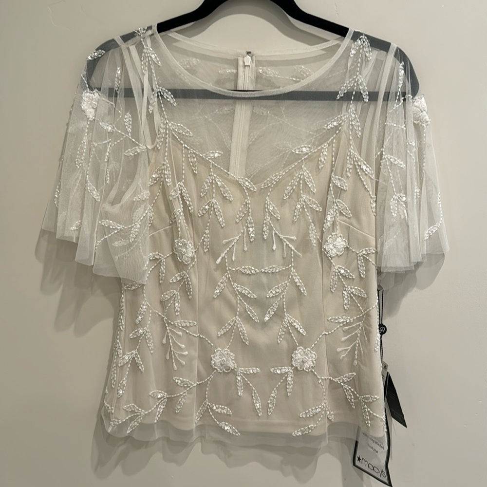Adrianna Papell ivory sequined beaded flutter sleeve top 8 NWT